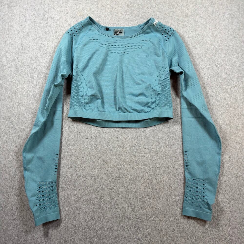 Gymshark Flawless Knit Crop Top Women's Large Teal Blue Long Sleeve Round Neck